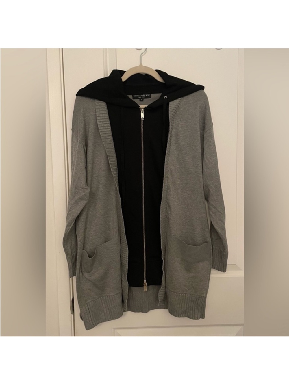 Central Park West Gray Open-Front Cardigan with Black Zip Hoodie Layered Look
